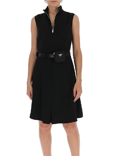 Shop Prada Belted Pouch Flared Dress In Black