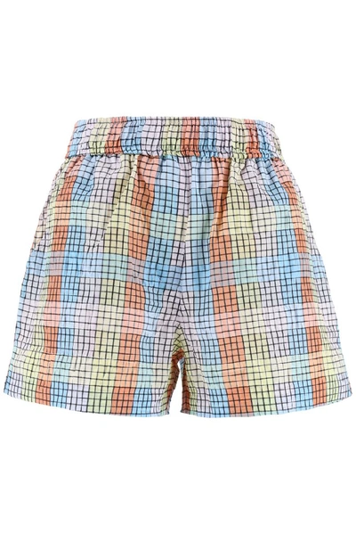 Shop Ganni Seersucker Check Shorts In Multi