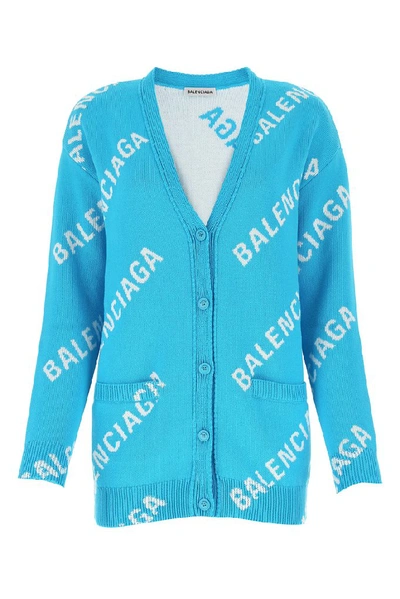 Shop Balenciaga All Over Logo Cardigan In Blue