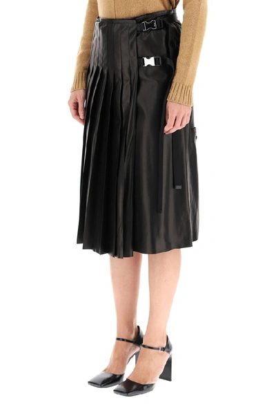 Shop Prada Buckled Pleated Midi Skirt In Black