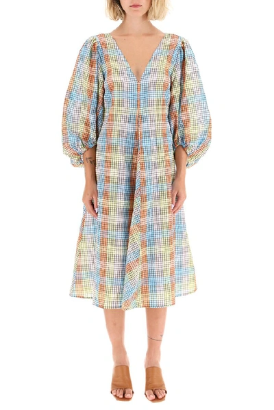 Shop Ganni Seersucker Check Dress In Multi