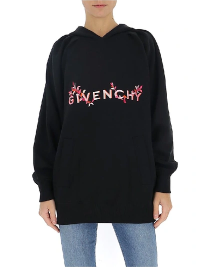 Shop Givenchy Logo Floral Embroidered Hoodie In Black