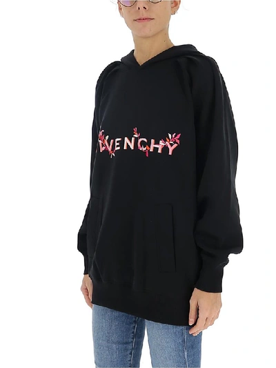 Shop Givenchy Logo Floral Embroidered Hoodie In Black