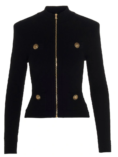 Shop Balmain Front Zip Knitted Jacket In Black