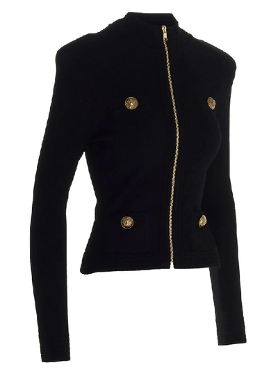Shop Balmain Front Zip Knitted Jacket In Black