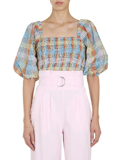 Shop Ganni Seersucker Check Smock Top In Multi