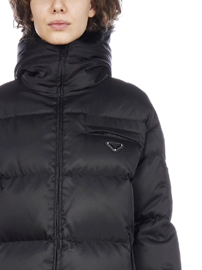 Shop Prada Logo Hooded Puffer Coat In Black