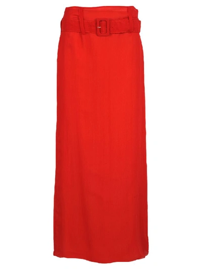 Shop Prada Sheer Belted Maxi Skirt In Red