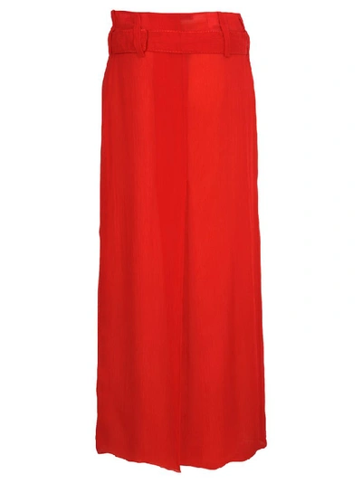 Shop Prada Sheer Belted Maxi Skirt In Red