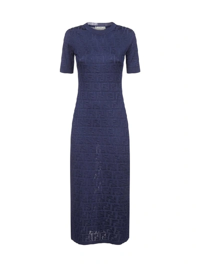 Shop Fendi Monogram Print Midi Dress In Blue