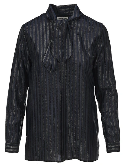 Shop Saint Laurent Striped Pussybow Blouse In Navy