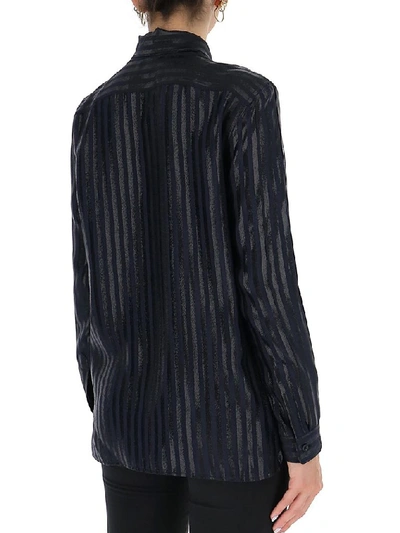 Shop Saint Laurent Striped Pussybow Blouse In Navy
