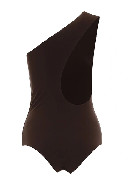 Shop Bottega Veneta One Shoulder Swimsuit In Brown