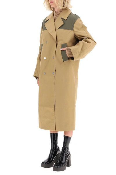 Shop Ganni Double Breasted Trench Coat In Beige
