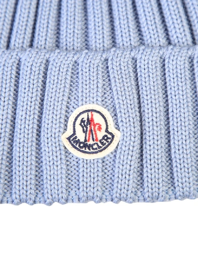 Shop Moncler Logo Patch Pompom Beanie In Blue