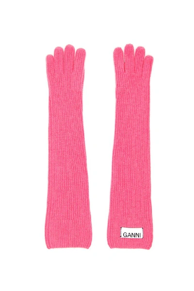 Shop Ganni Logo Label Ribbed Gloves In Pink