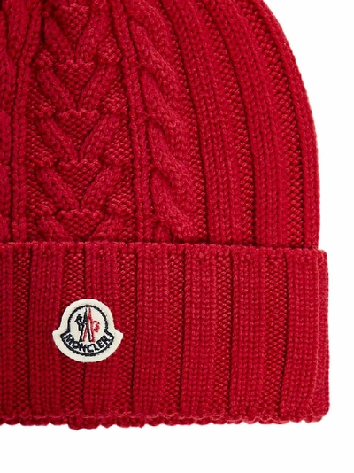 Shop Moncler Logo Patch Ribbed Knit Beanie In Red