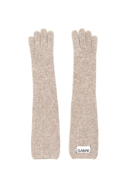Shop Ganni Logo Label Ribbed Gloves In Beige