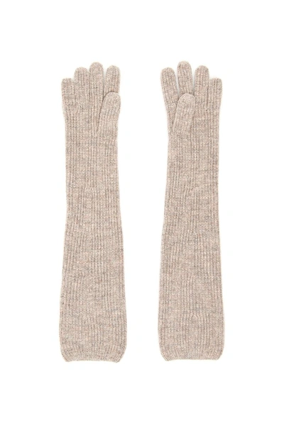 Shop Ganni Logo Label Ribbed Gloves In Beige