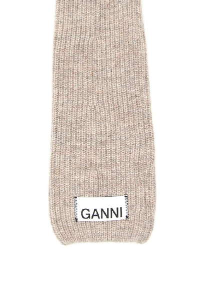 Shop Ganni Logo Label Ribbed Gloves In Beige