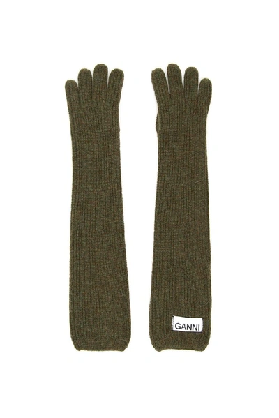Shop Ganni Logo Label Ribbed Gloves In Green