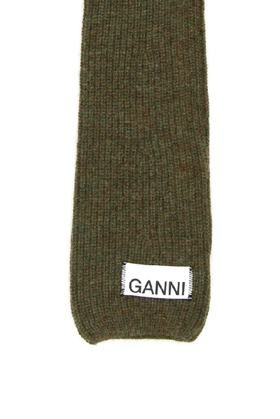 Shop Ganni Logo Label Ribbed Gloves In Green