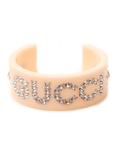 Shop Gucci Crystal Embellished Cuff Bracelet In Beige