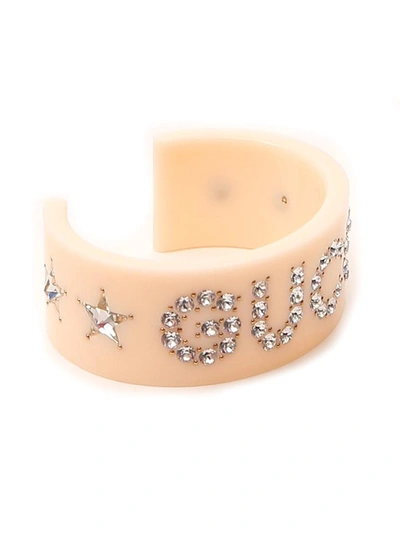 Shop Gucci Crystal Embellished Cuff Bracelet In Beige