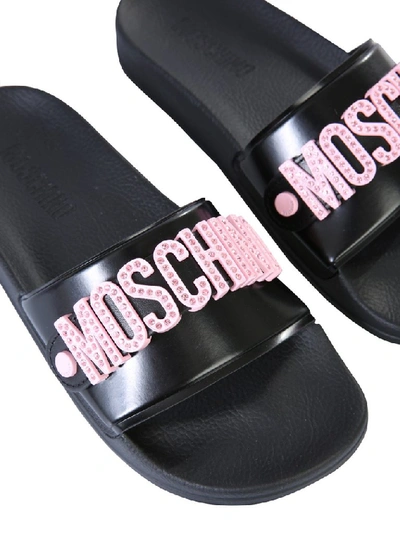 Shop Moschino Logo Slide Sandals In Black