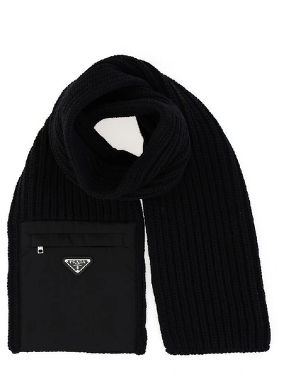 Shop Prada Pocket Detail Knitted Scarf In Black