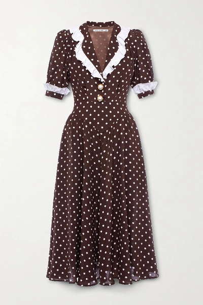 Shop Alessandra Rich Ruffled Polka-dot Silk Midi Dress In Brown