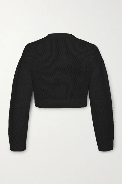 Shop Alessandra Rich Cropped Crystal-embellished Cable-knit Mohair-blend Cardigan In Black