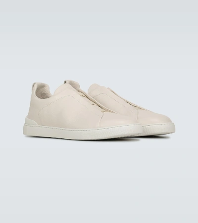 Ermenegildo Zegna Leather Sneakers With Concealed Laces In Pan