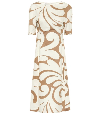 Shop Marni Printed Cotton And Linen Midi Dress In Brown