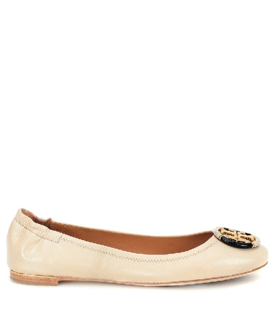 Shop Tory Burch Minnie Leather Ballet Flats In Beige