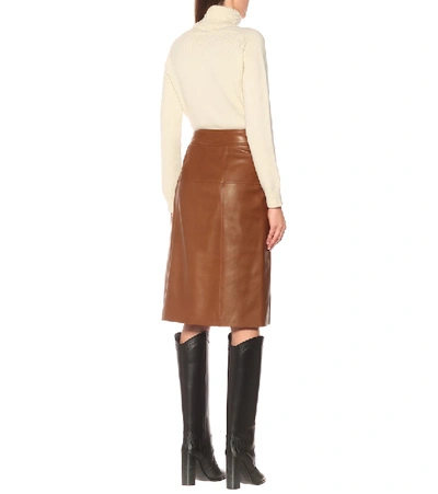 Shop Saint Laurent Leather Midi Skirt In Brown