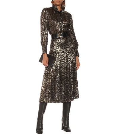 Shop Saint Laurent Silk-blend Lamé Jacquard Midi Dress In Gold