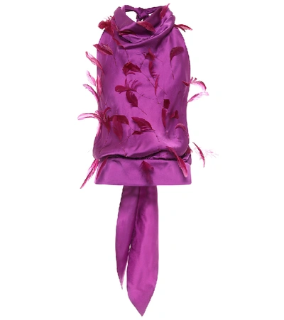 Shop Attico Feather-trimmed Satin Top In Purple