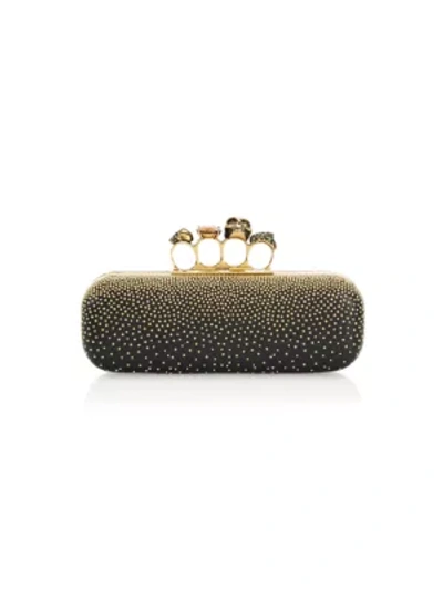 Shop Alexander Mcqueen Skull Four-ring Beaded Leather Long Box Clutch In Black