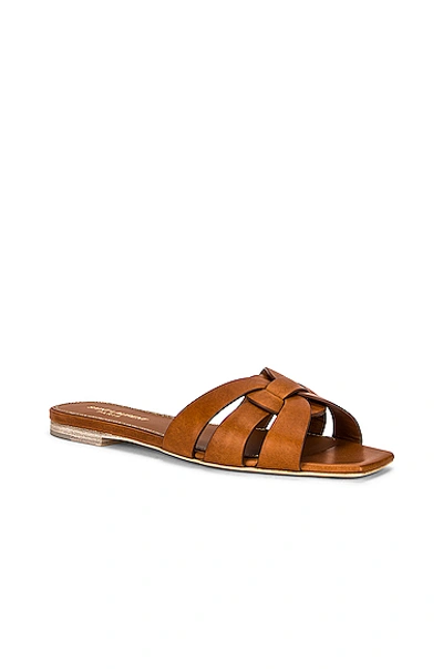 Saint Laurent Woven Leather Sandal Slide In Amber