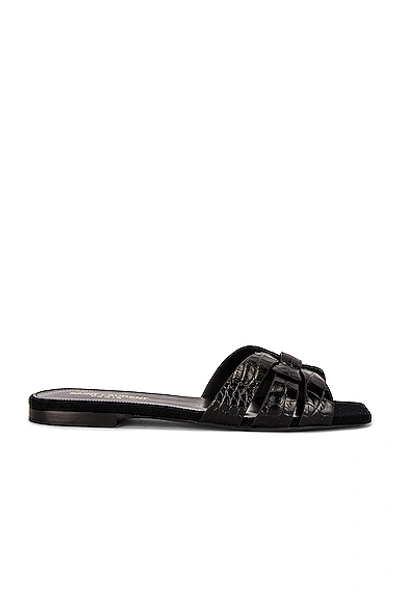 Shop Saint Laurent Embossed Croc Nu Pieds Slide Sandals In Nero
