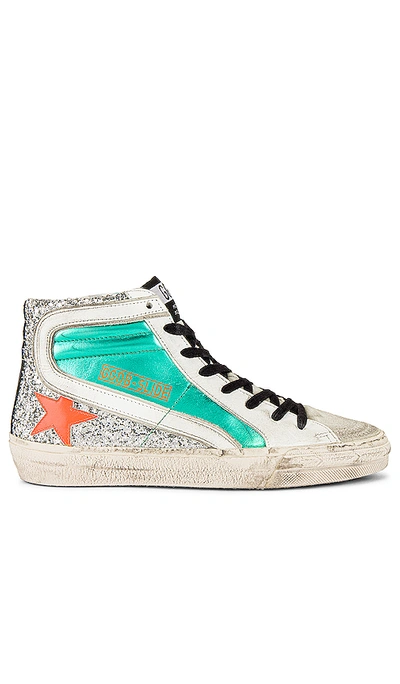 Shop Golden Goose Slide Laminated Sneaker In Aquamarine, Silver, Ice, White & Orange Fluo