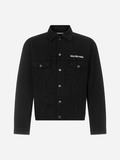 Shop Balenciaga Crew Logo Denim Jacket In Black