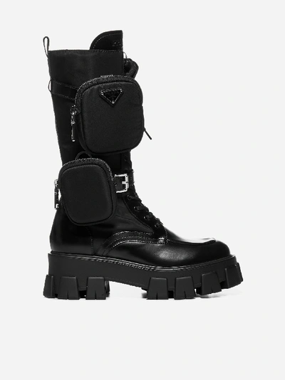 Shop Prada Monolith Leather And Nylon Combat Boots
