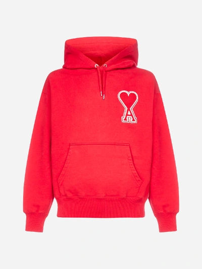 Shop Ami Alexandre Mattiussi Felpa In Cotone Con Logo Ami-de-coeur E Cappuccio In Red