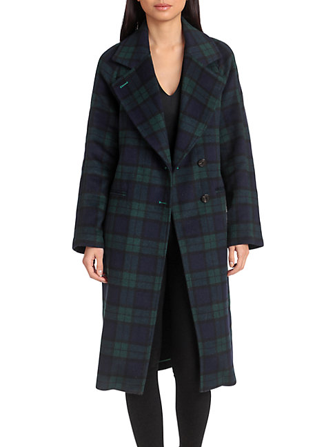 Avec Les Filles Double-face Plaid Wool-blend Raglan Coat In Navy/ Green ...