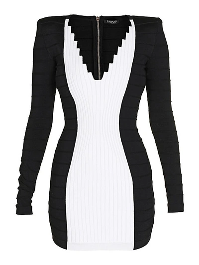 Shop Balmain Two-tone V-neck Knit Bodycon Dress In Black