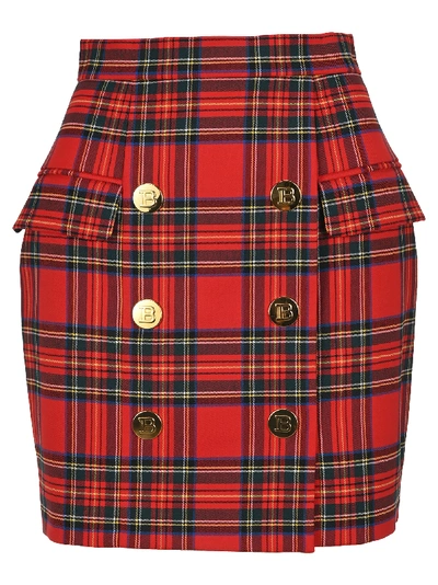 Shop Balmain Tartan Mini Skirt In Tartan Red