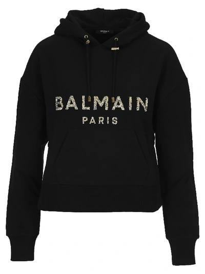 Shop Balmain Crystal-embellished Cropped Hoodie In Black Gold