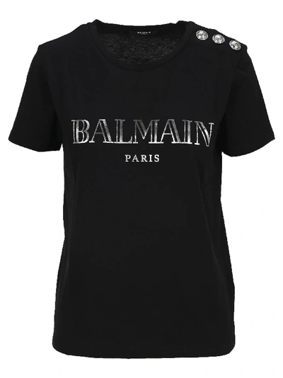 Shop Balmain Logo Print T-shirt In Black Silver